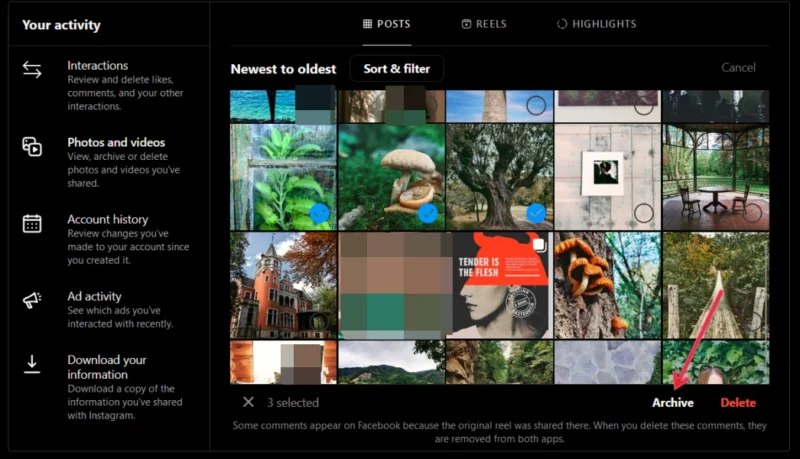 Clicking the Archive button to archive posts in Instagram on PC.