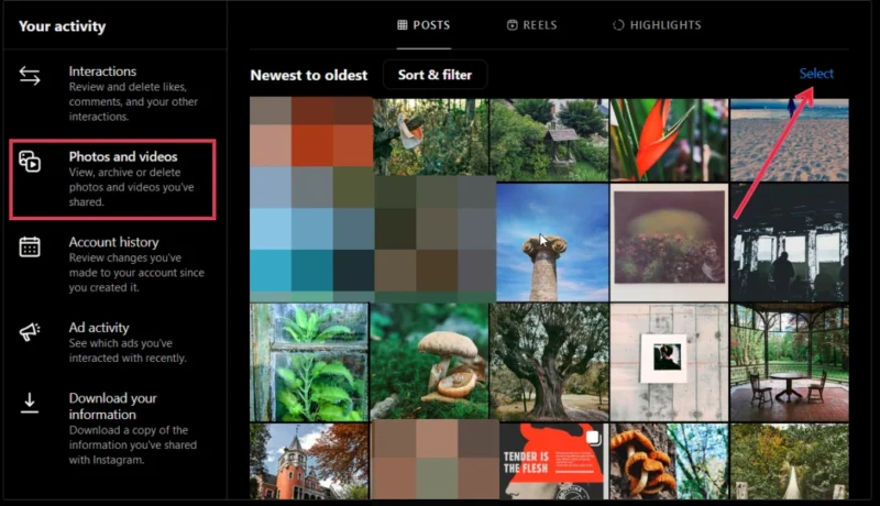 Selecting photos and videos for archiving in Instagram on PC.