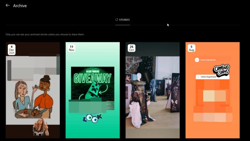 Story archive view in Instagram on PC.