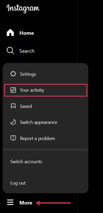 Selecting "Your Activity" option from More menu in Instagram on PC.
