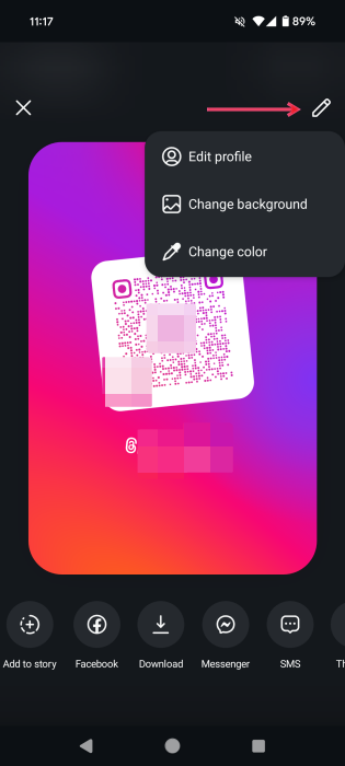 Bringing up editing options for Instagram profile card in the mobile app. s