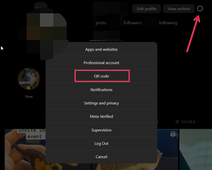 Selecting QR code option from Instagram profile on PC,