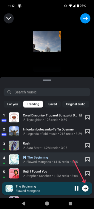 Playing a trending track on Instagram on Android. 