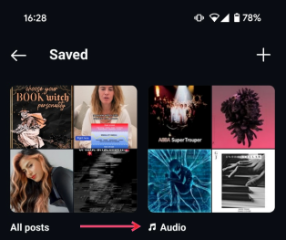 Accessing the Audio folder in Saved in Instagram app on Android.