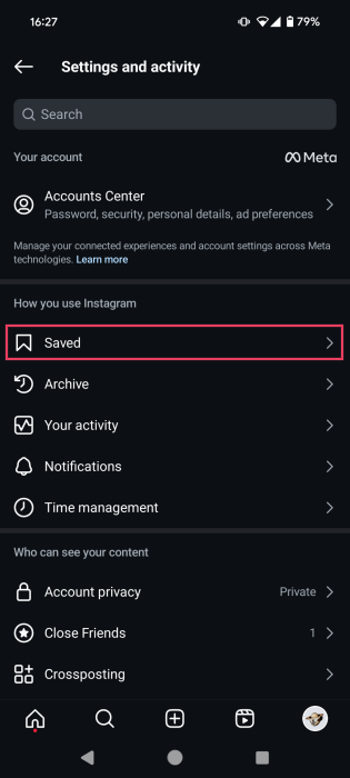 Pressing on "Saved" option in "Settings and activity" in Instagram app on Android.