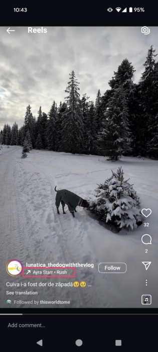 Trending audio view in Reels feed on Instagram.