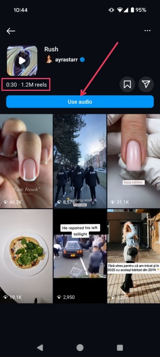 Tapping on the "Use audio" button to incorporate trending audio in own Instagram Reel on Android. 