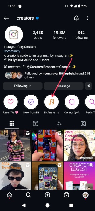 Accessing IG Anthems highlight from the official Instagram Creators page. 