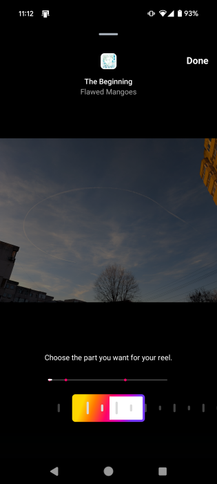 Selecting the audio part you want for your Reel in the Instagram app for Android. 