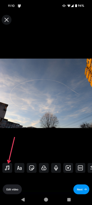 Tapping on music note icon in Reel creation screen in Instagram on Android. 