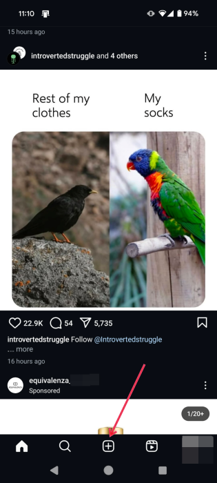 Pressing the + button in Intsagram app on Android. 