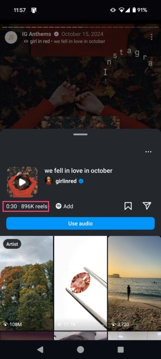 Checking Instagram Anthem popularity for Reels.