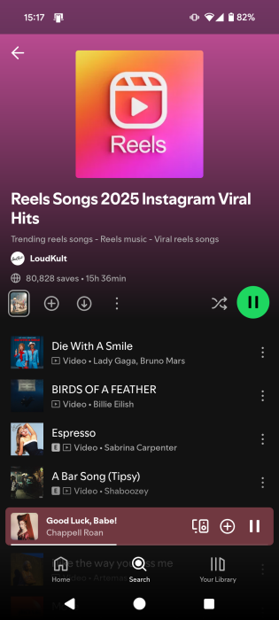 Instagram viral sounds for Reels playlist on Spotify view.
