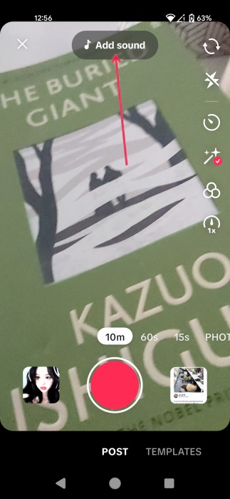 Pressing on "Add sound" button in TikTok app. 