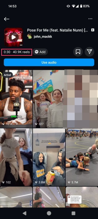 Searching for song that's popular on TikTok on Instagram. 