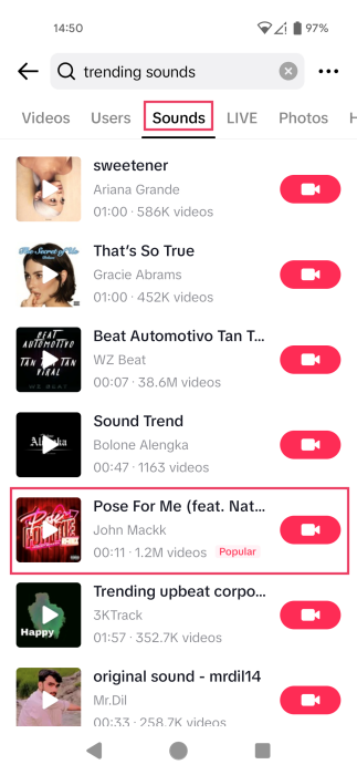 Viewing trending sounds in the TikTok app. 