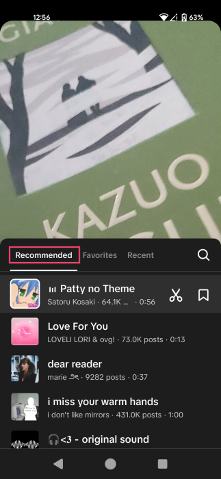 Checking the "Recommended" section for sounds in TikTok app. 