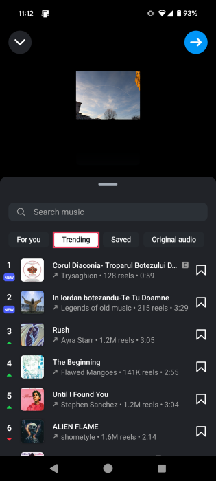 Browsing through the Trending audio section in Instagram on Android. 