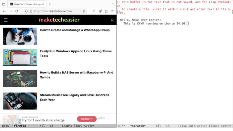 A screenshot showing Exwm running Firefox and a basic Emacs buffer.