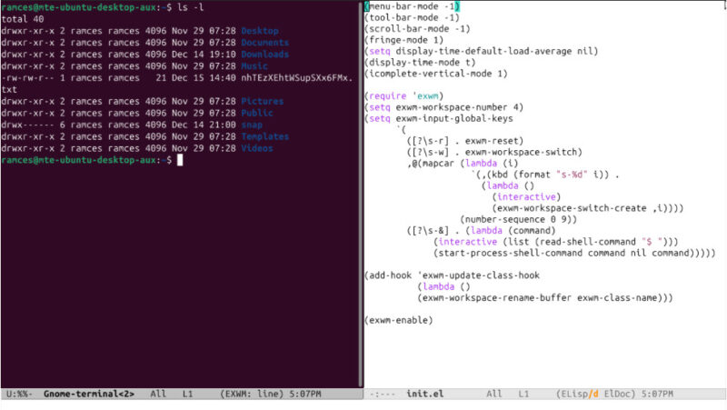 A screenshot showing the main Emacs config file for the Exwm desktop.