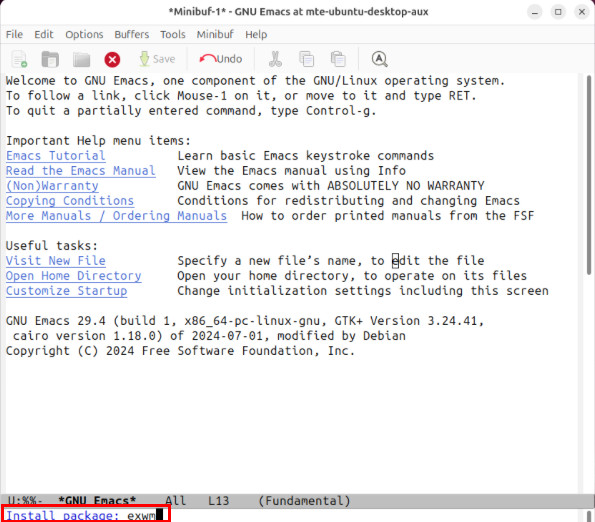 A screenshot highlighting the Install Package prompt in Emacs.