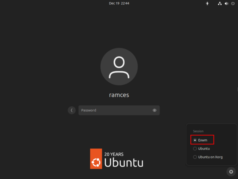 A screenshot highlighting the Exwm entry inside GDM.