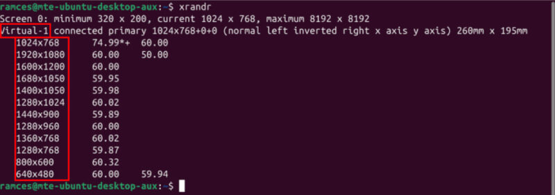 A terminal highlighting the monitor name and the list of available resolutions for the monitor.