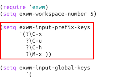 A screenshot highlighting the passthrough keys in Exwm.