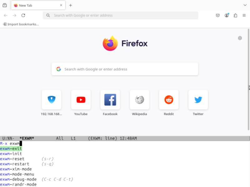 A screenshot showing the Exwm passthrough keys working.