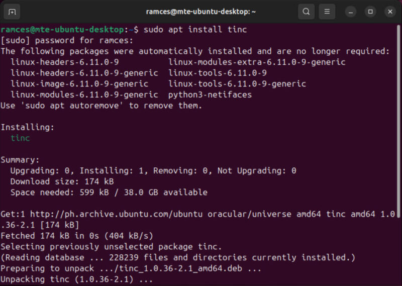 A terminal showing the package installation process for Tinc in Ubuntu.