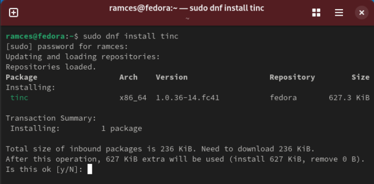 A terminal showing the installation process in Fedora Linux.