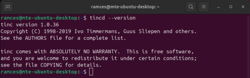 A terminal showing the current Tinc version running on Ubuntu.
