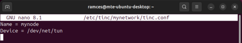 A terminal showing the config for the Tinc install in Ubuntu.