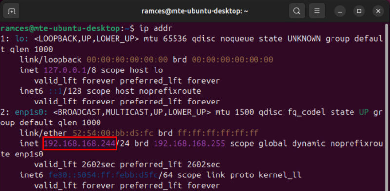 A terminal highlighting the private IP address of the Ubuntu machine.