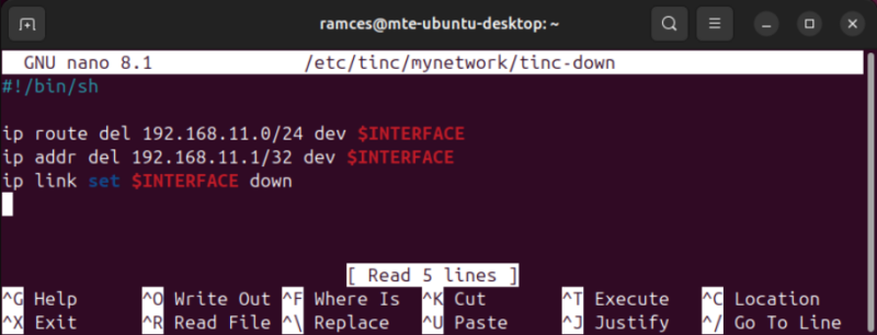 A terminal showing the contents of the tinc-down script in Ubuntu.