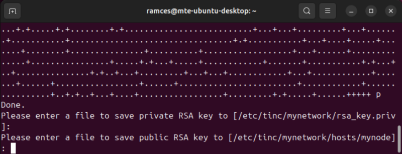 A terminal showing keypair generation process for Tinc in Ubuntu.