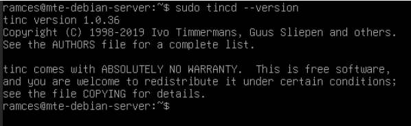 A terminal showing the Tinc version on Debian.