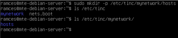A terminal showing the directory structure of the client's Tinc config.