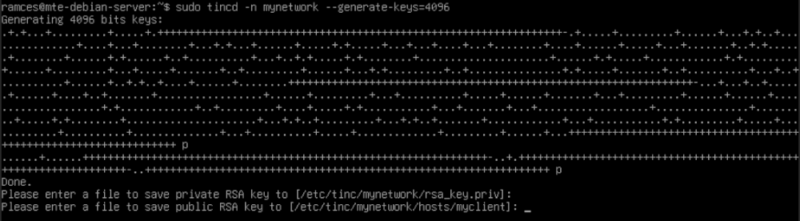 A terminal showing the keypair generation process in the second Tinc machine.