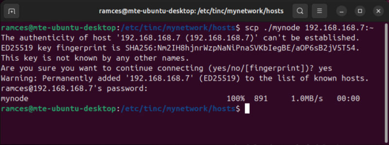 A terminal showing the process of transferring the Tinc client config from one system to another.