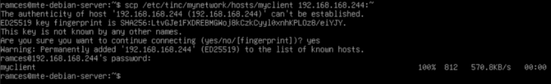 A terminal showing the process of transferring the client's Tinc config file to a peer in the network.