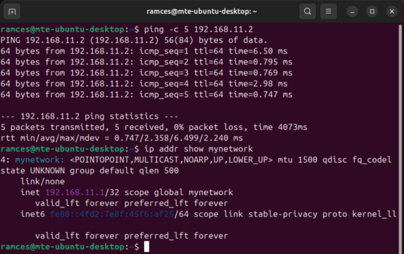 A terminal showing the latency of the Tinc VPN as well as the network device running on Ubuntu.