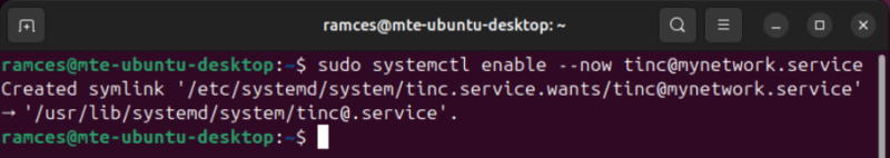 A terminal showing the command to enable the Tinc process on startup.