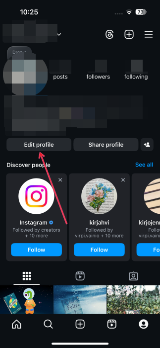 Press on "Edit profile" button in Instagram app on iPhone.