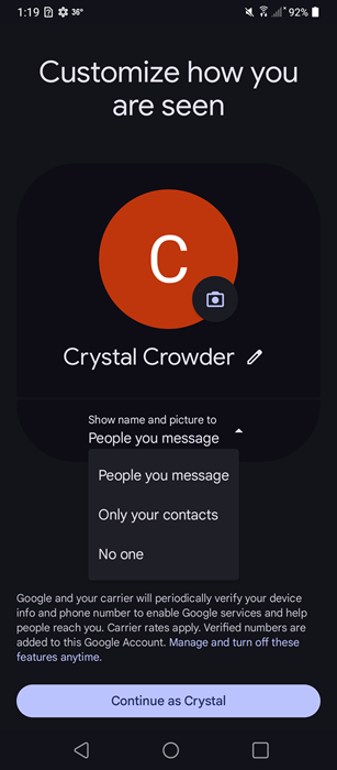 Google profile settings.