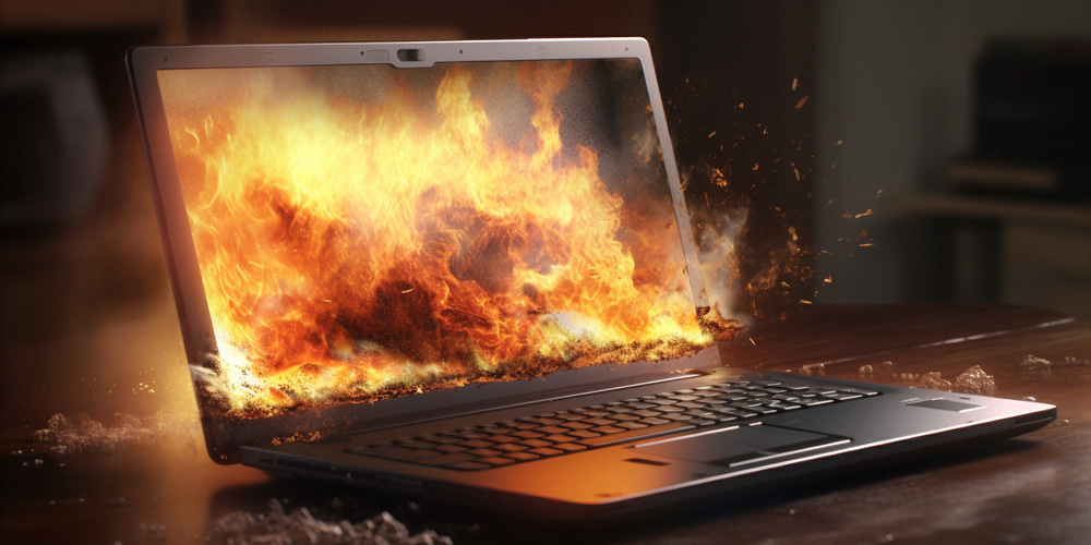 laptop computer system on fire