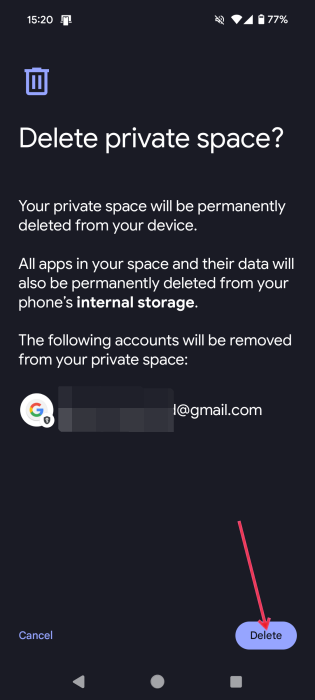 Confirming the deletion of Private Space on Android. 