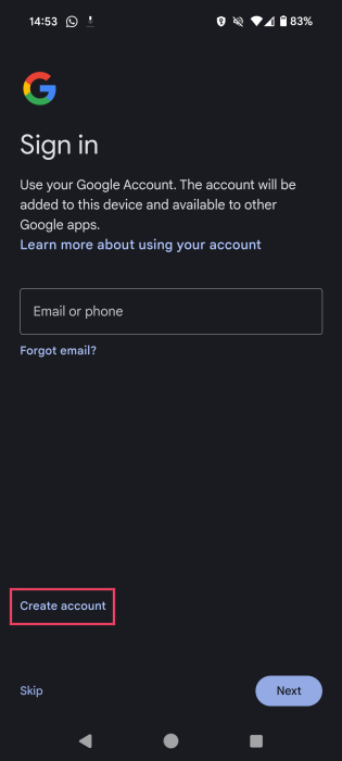 Tapping on "Create account" button to create new Google account for Private Space. 