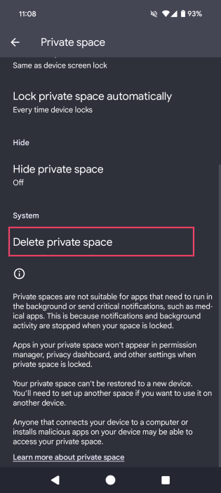 Pressing on "Delete private space" on Android phone. 