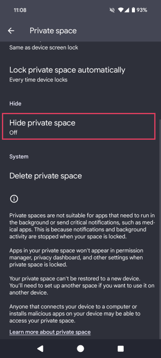 Tapping on "Hide private space" option in Android Settings. 